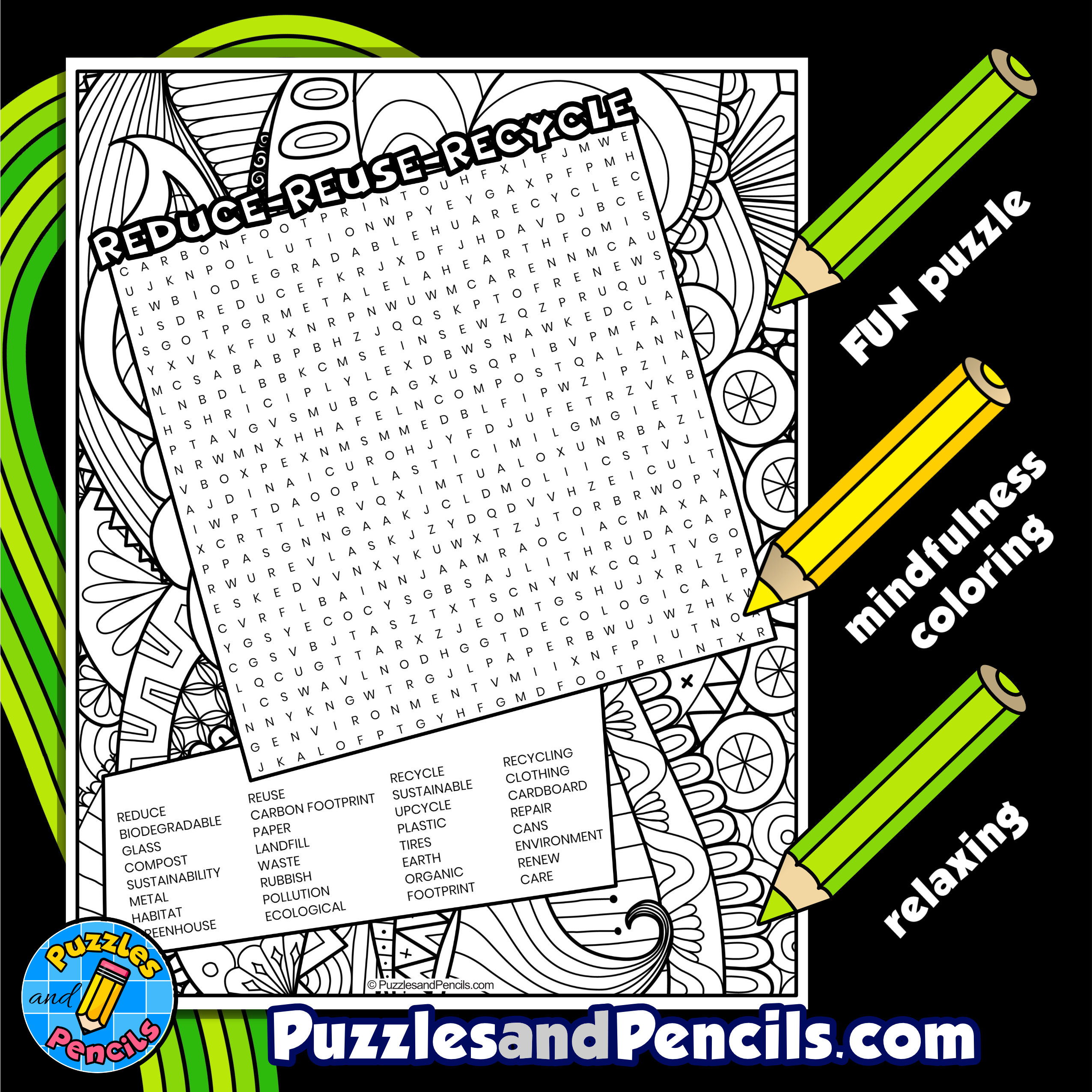 Reduce reuse recycle word search puzzle activity page with coloring national recycling day made by teachers