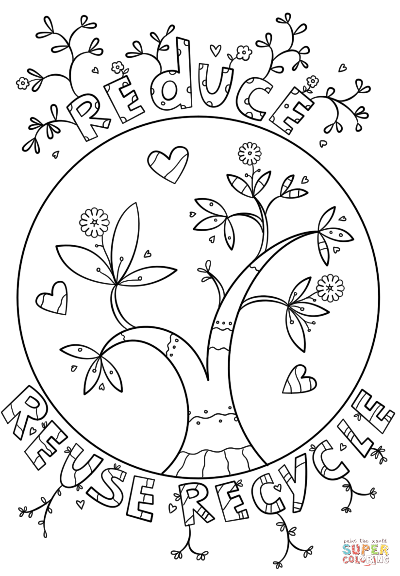 Reduce reuse recycle doodle coloring page free printable coloring pages