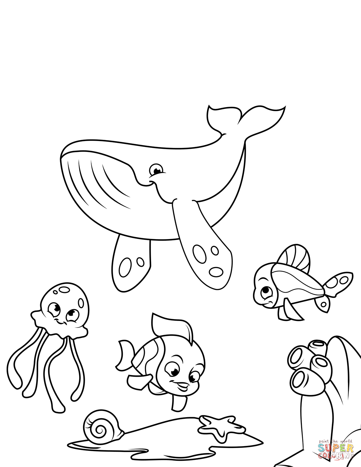 Whale jellyfish and coral reef fish coloring page free printable coloring pages