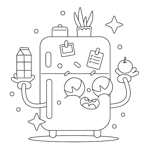 Premium vector vector cute refrigerator with milk coloring book cartoon isolated on white coloring page outline