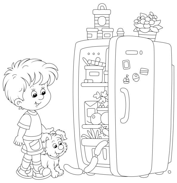 Boy and his puppy looking into a fridge stock illustration