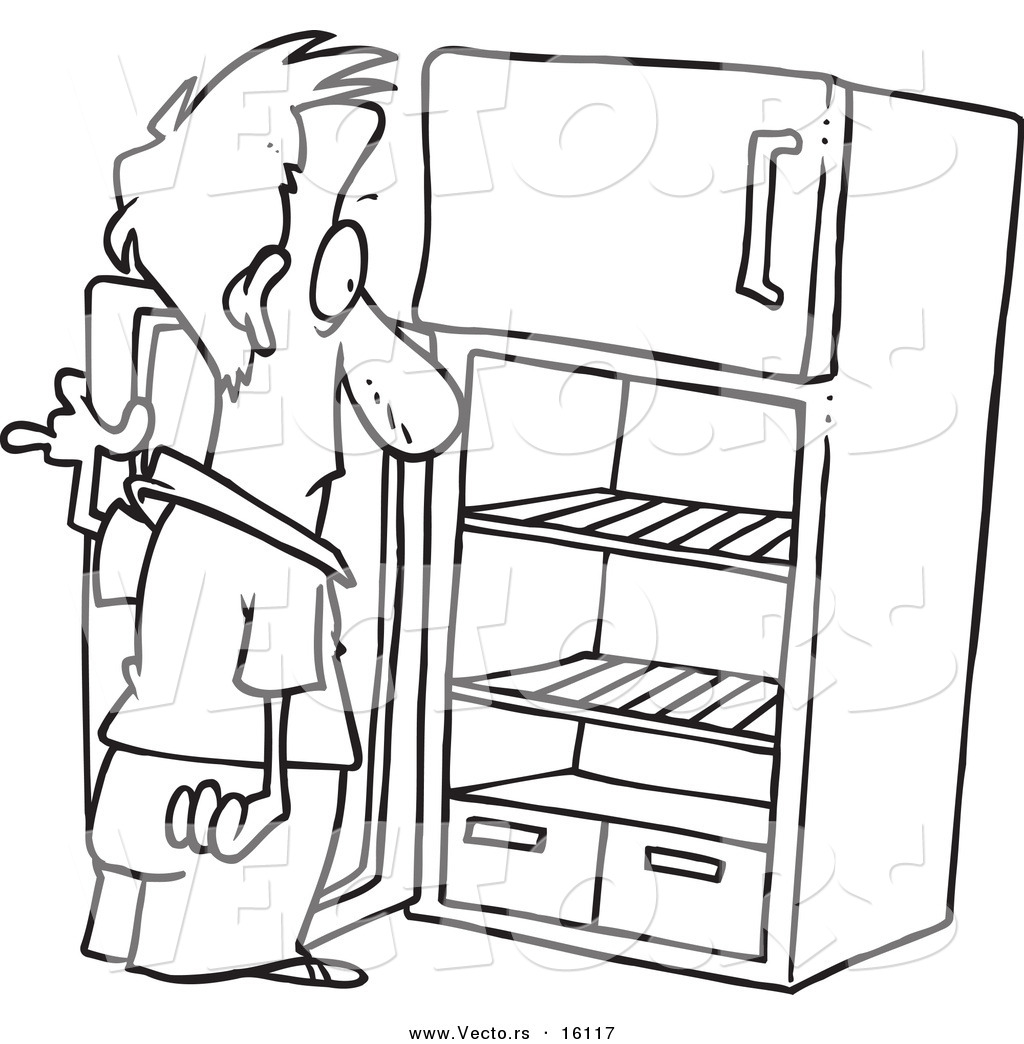 R of a cartoon man staring in an empty fridge