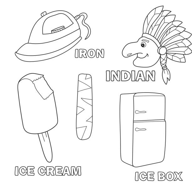 Kids alphabet coloring book page with outlined clip arts letter i stock illustration