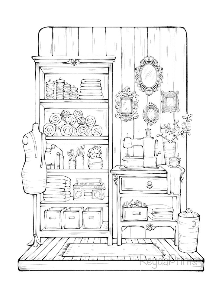 Atelier interior coloring pages cozy plants room furniture procreate jpg png letter size pages reydaprints