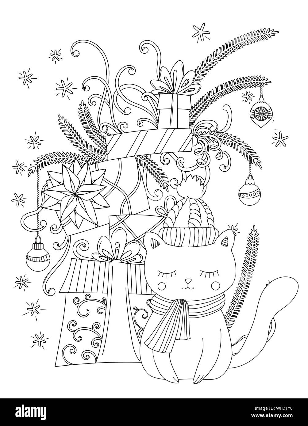 Pãgina para colorear de navidad para niãos y adultos lindo gato con bufanda tejida y cap montãn de regalos de vacacion ilustraciãn vectorial dibujada a mano imagen vector de stock