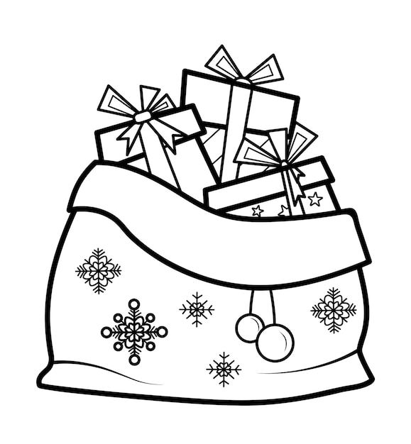 Premium vector christmas coloring book or page for kids christmas bag with gifts black and white vector illustration