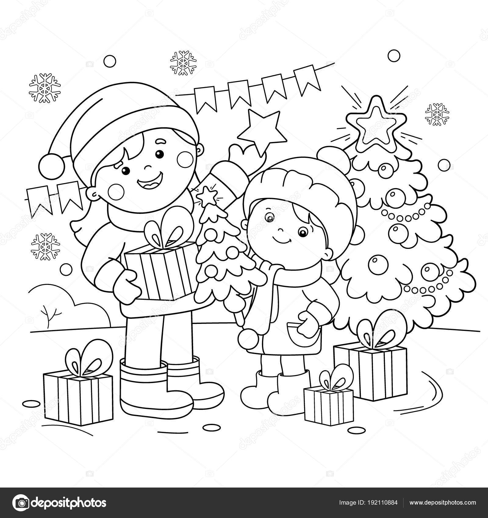 Pãgina para colorear esquema de niãos con regalos en el ãrbol de navidad navidad aão nuevo libro para colorear para niãos vector de stock por oleon