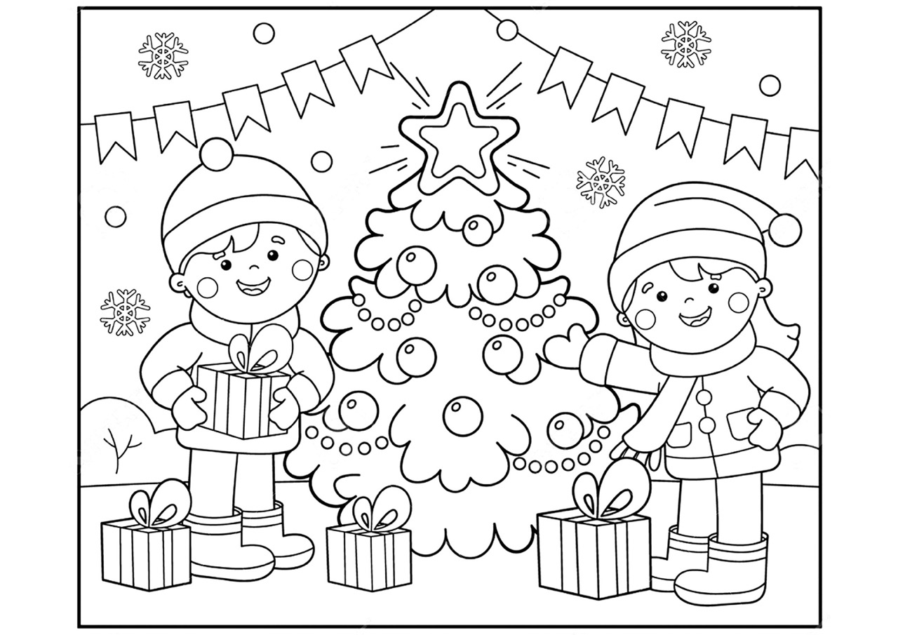 Dos niãos listos para abrir sus regalos al pie del ãrbol