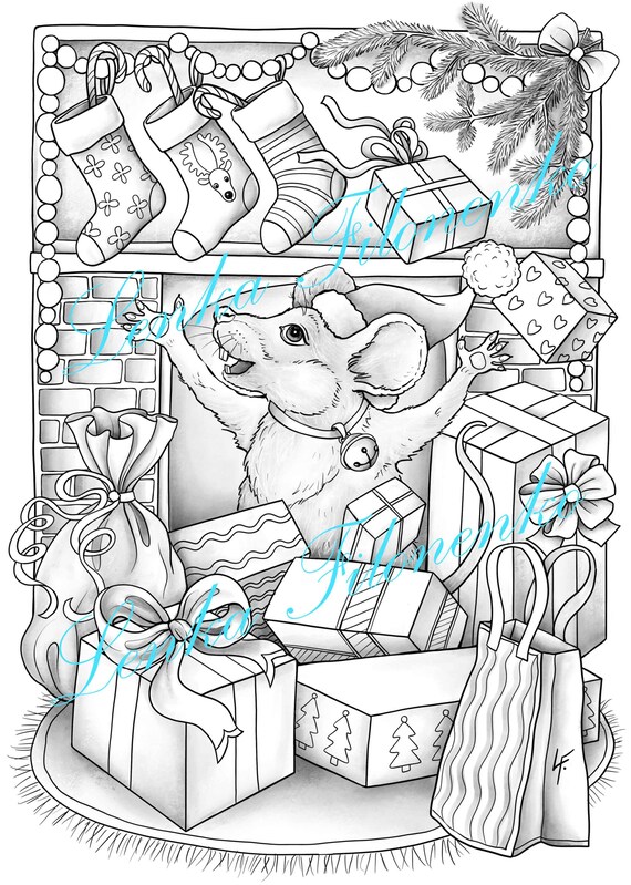 Dibujo para colorear de navidad ratãn y regalos escala de grises descargar pdf imprimible