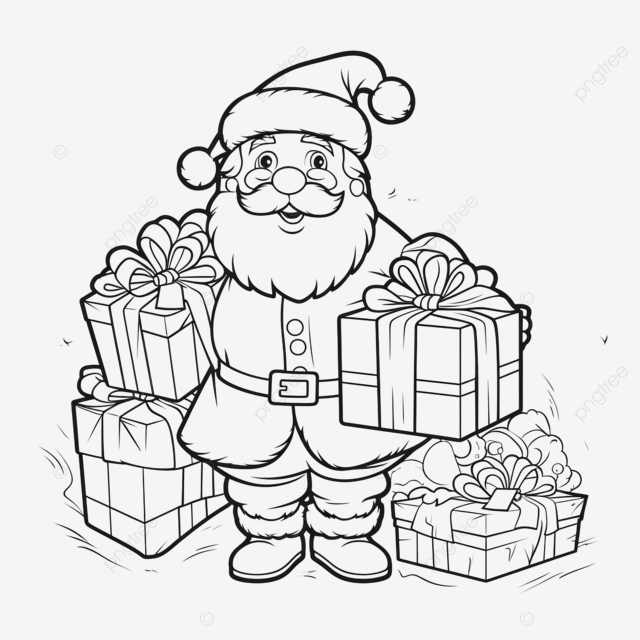 Ilustraciãn en blanco y negro para el libro de colorear navideão de santa llevando cajas de