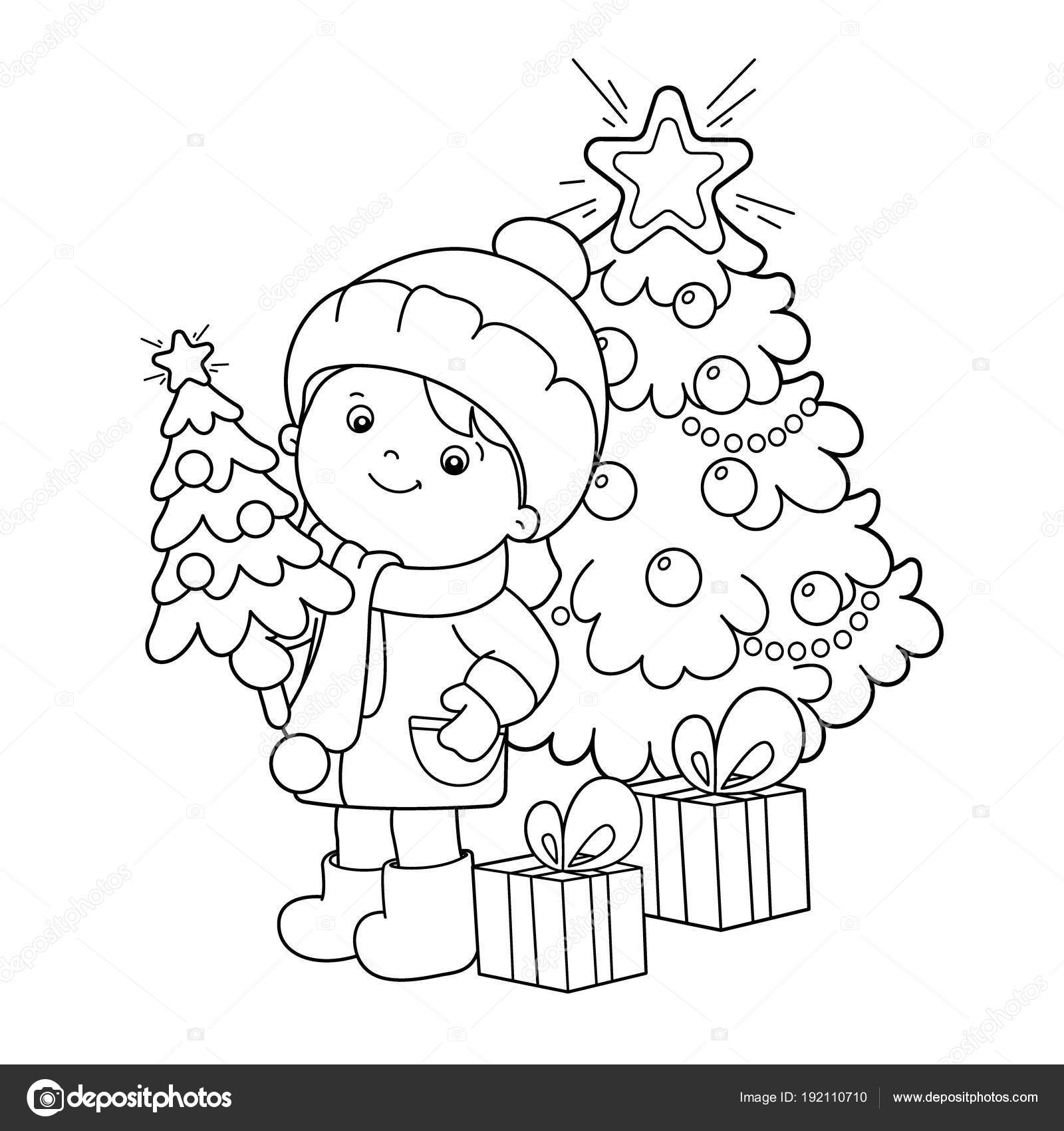 Pãgina para colorear esquema de chica con regalos en el ãrbol de navidad navidad aão nuevo libro para colorear para niãos vector de stock por oleon