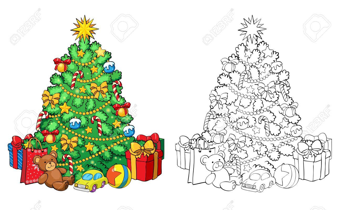 Coloring book or page illustration christmas tree with decorations and gifts greeting card concept royalty free svg cliparts vectors and stock illustration image