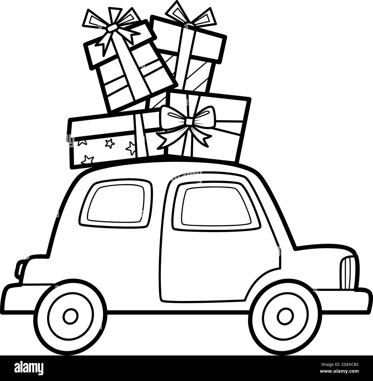Libro de navidad para colorear o pãgina para niãos coche y regalos ilustraciãn vectorial en blanco y negro imagen vector de stock