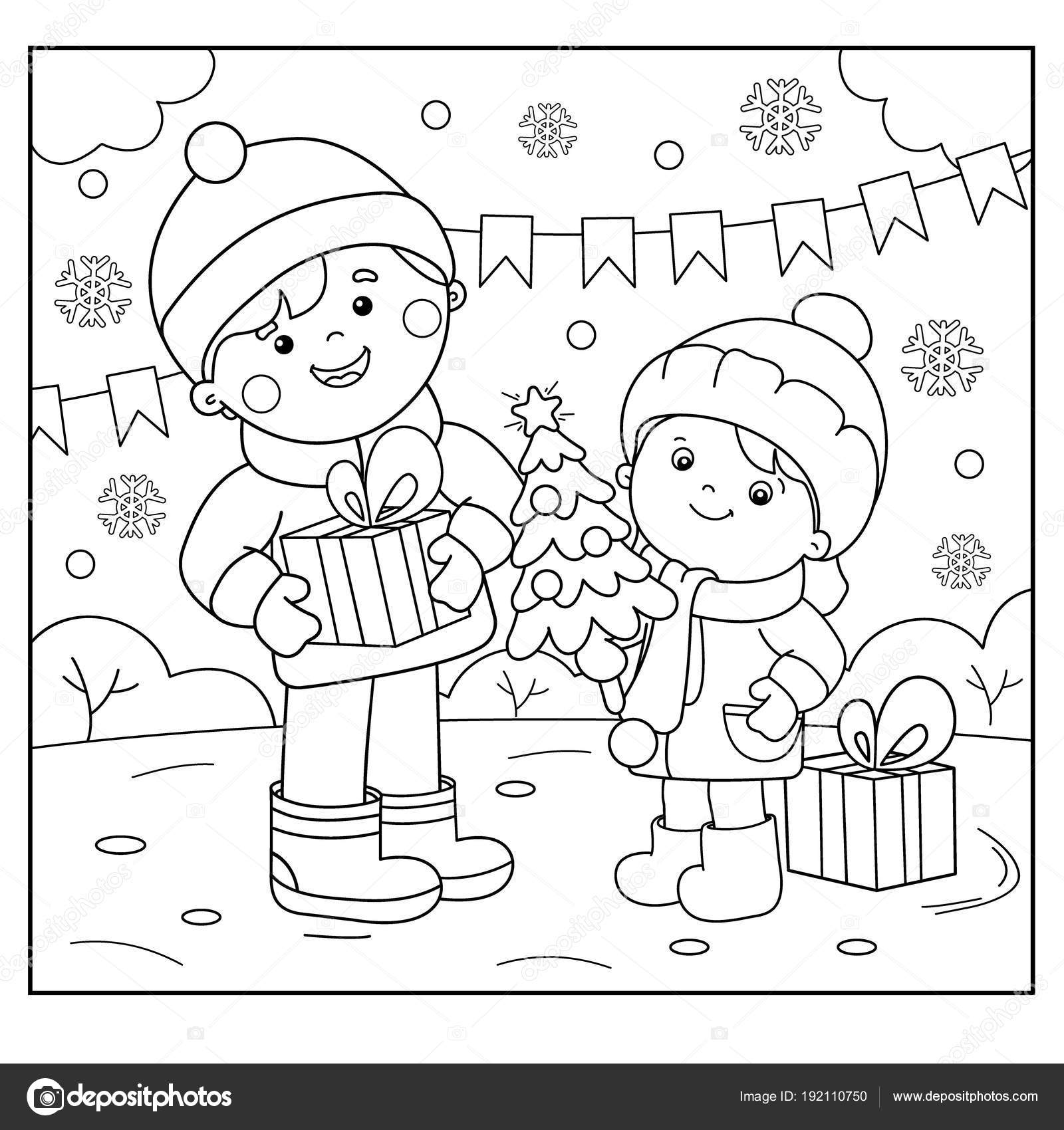 Pãgina para colorear esquema de niãos con regalos en el ãrbol de navidad navidad aão nuevo libro para colorear para niãos vector de stock por oleon