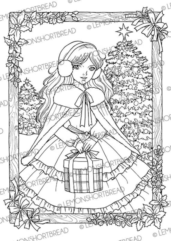 Pãgina para colorear digital imprimible feliz navidad anime style girl regalos regalos ãrboles presentes