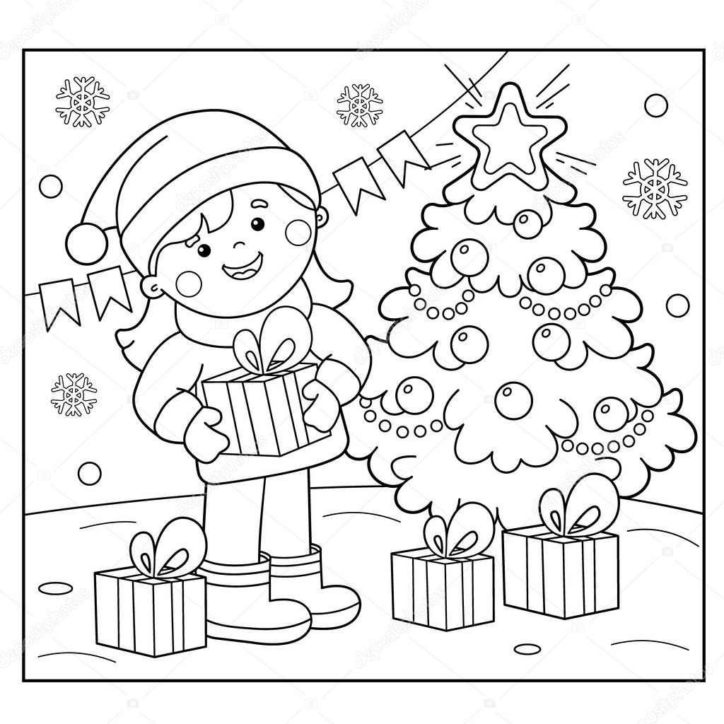 Pãgina para colorear esquema de chica con regalos en el ãrbol de navidad navidad aão nuevo libro para colorear para niãos vector de stock de oleon