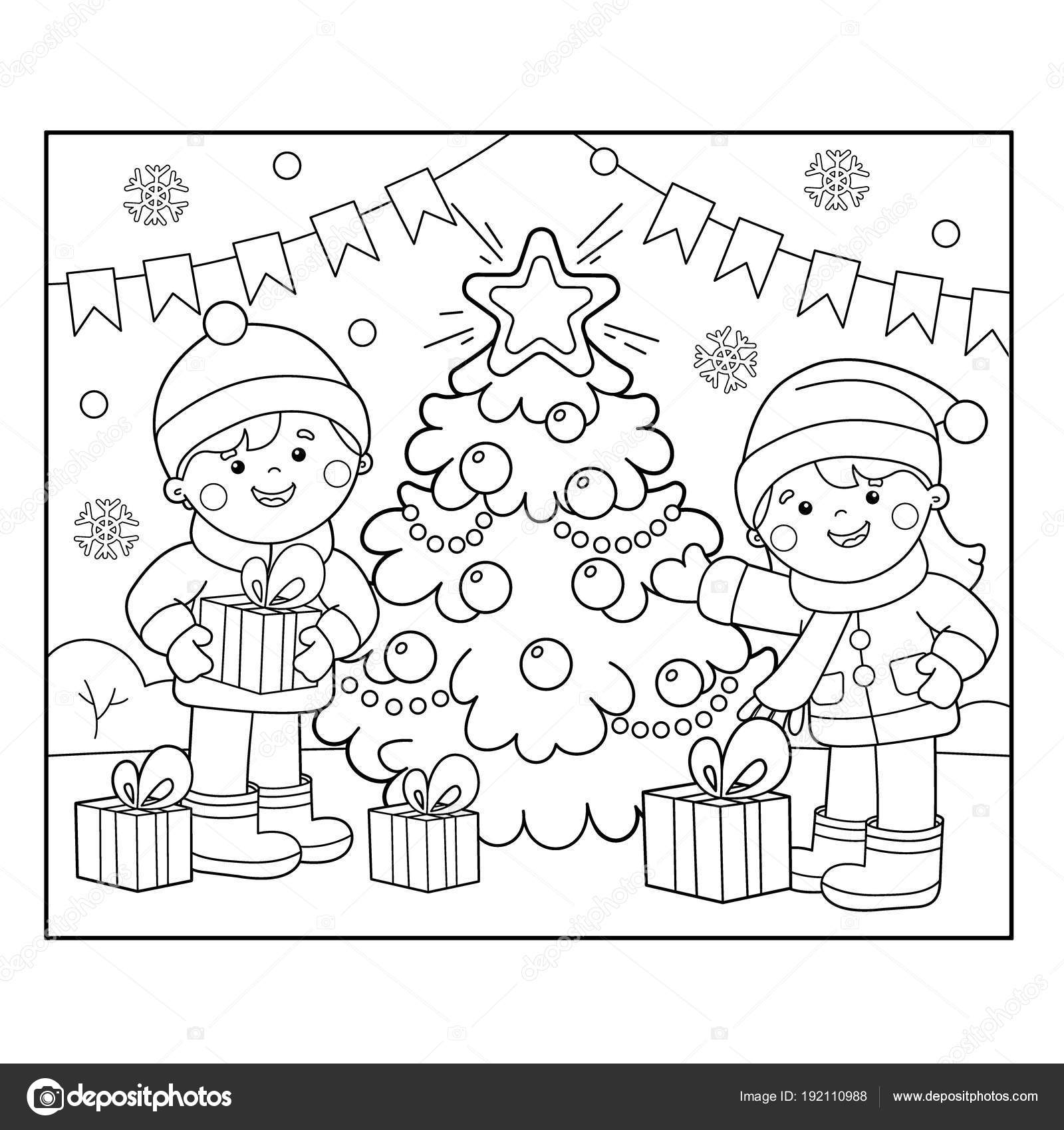 Pãgina para colorear esquema de niãos con regalos en el ãrbol de navidad navidad aão nuevo libro para colorear para niãos vector de stock por oleon