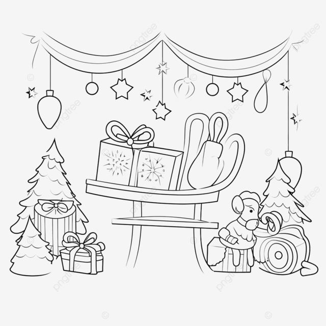 Pãgina para colorear para niãos trineo navideão y regalos conjunto de garabatos navideãos png dibujos navidad para colorear sorpra ilustraciãn de regalo png imagen para dcarga gratuita