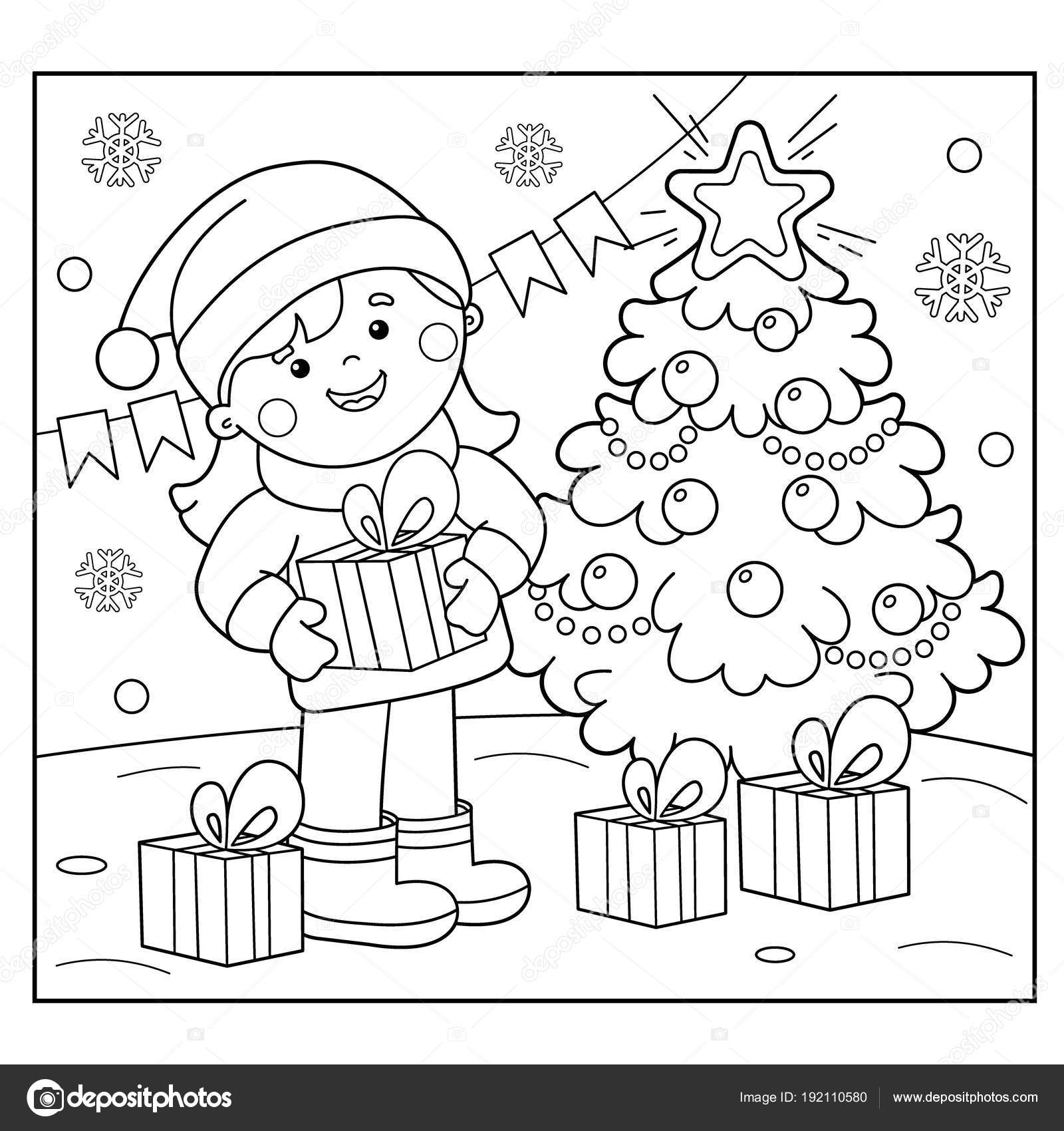 Pãgina para colorear esquema de chica con regalos en el ãrbol de navidad navidad aão nuevo libro para colorear para niãos vector de stock por oleon