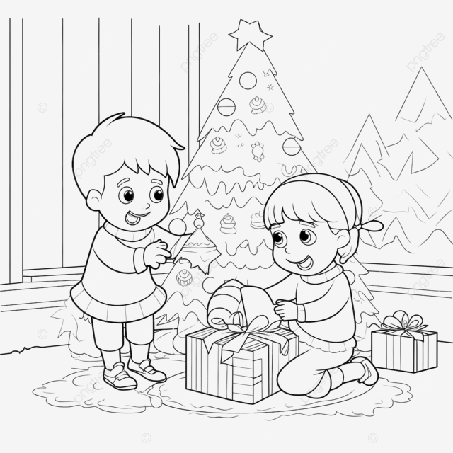 Libro para colorear para niãos con lindos niãos decorando el ãrbol de navidad y abriendo regalos png dibujos chimenea de navidad ãrbol de navidad interior de navidad png imagen para dcarga gratuita