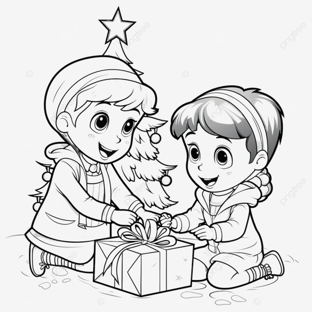 Libro para colorear para niãos con lindos niãos decorando el ãrbol de navidad y abriendo regalos png dibujos chimenea de navidad interior de navidad navidad para colorear png imagen para dcarga gratuita