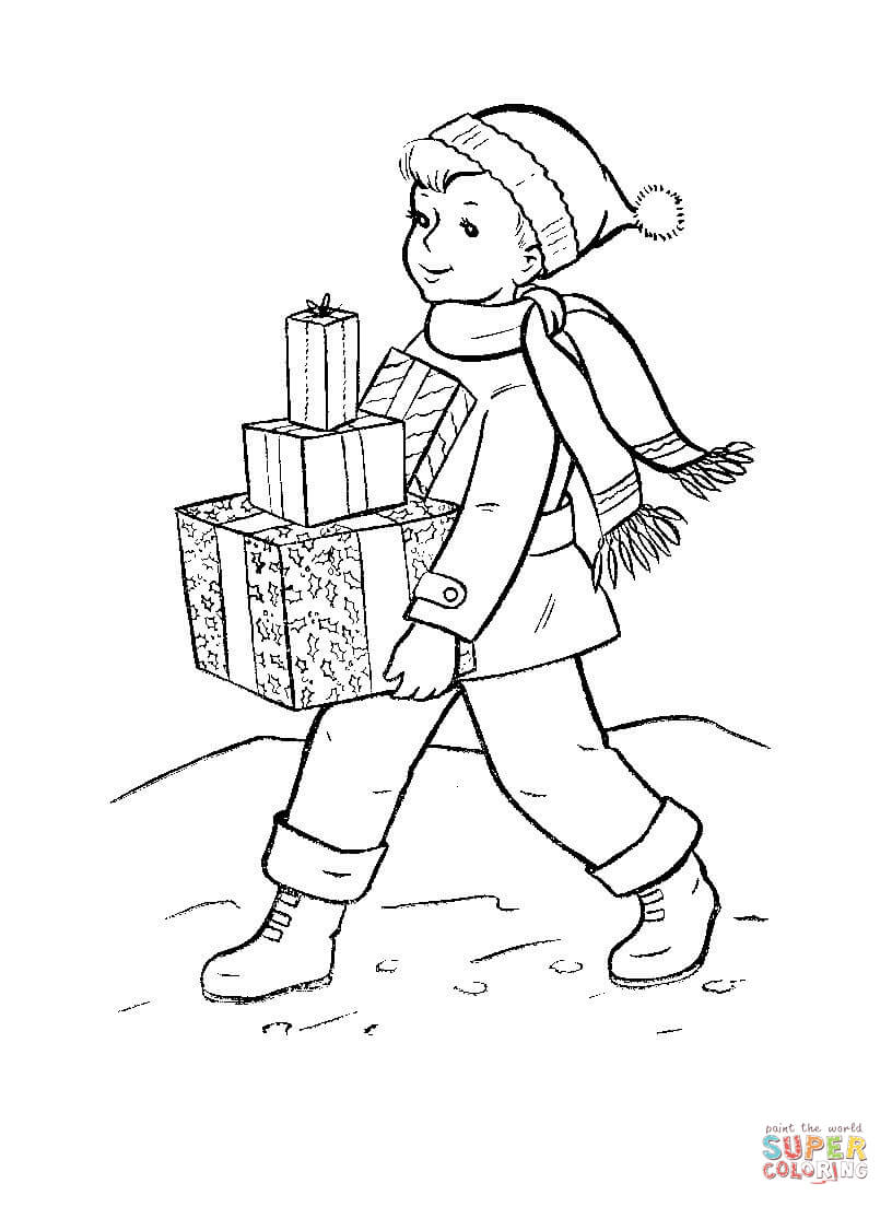 Dibujo de nião llevando regalos de navidad pra su familia para colorear dibujos para colorear imprimir gratis