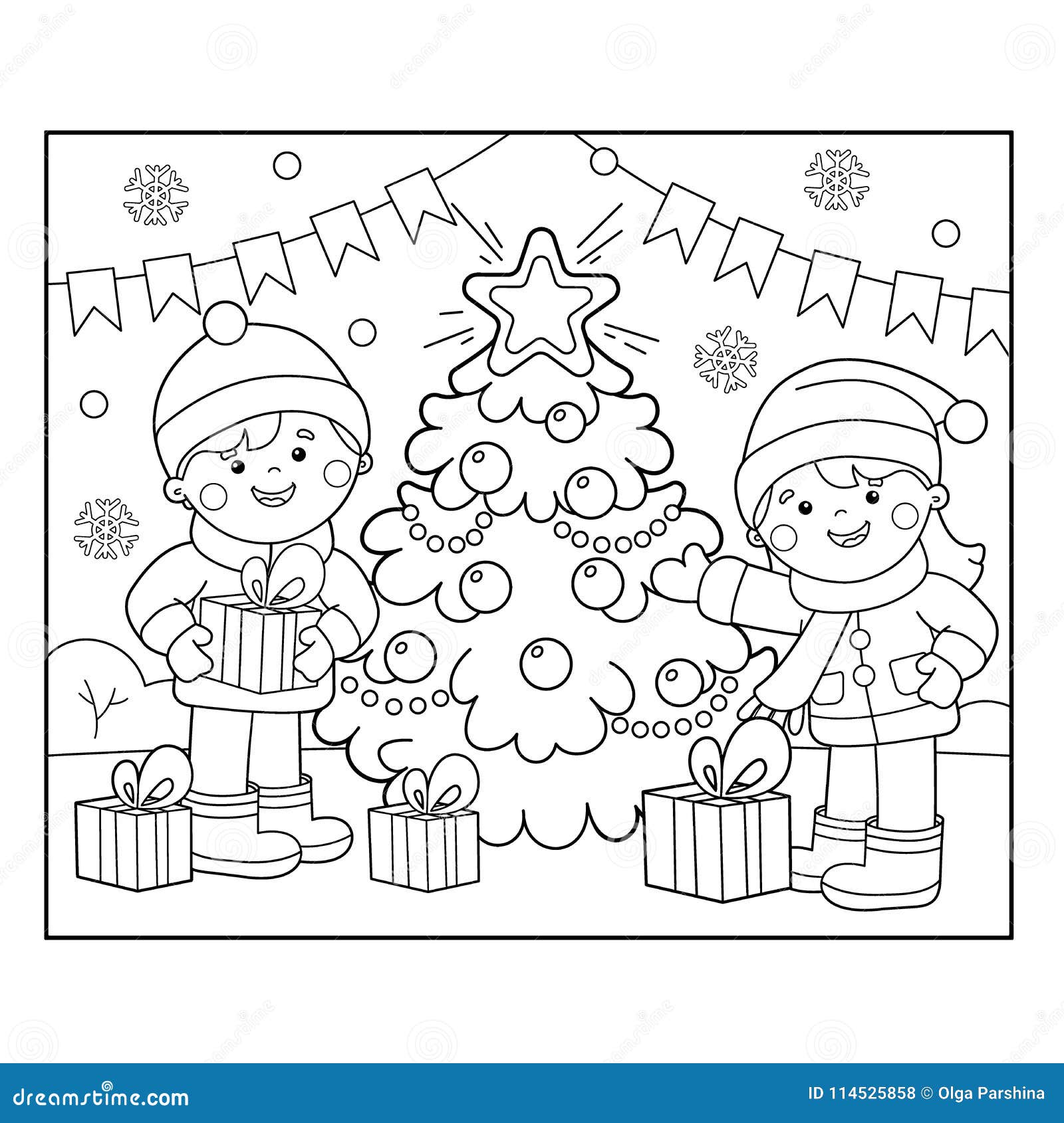 Coloring page outline of children with gifts at christmas tree christmas new year stock vector