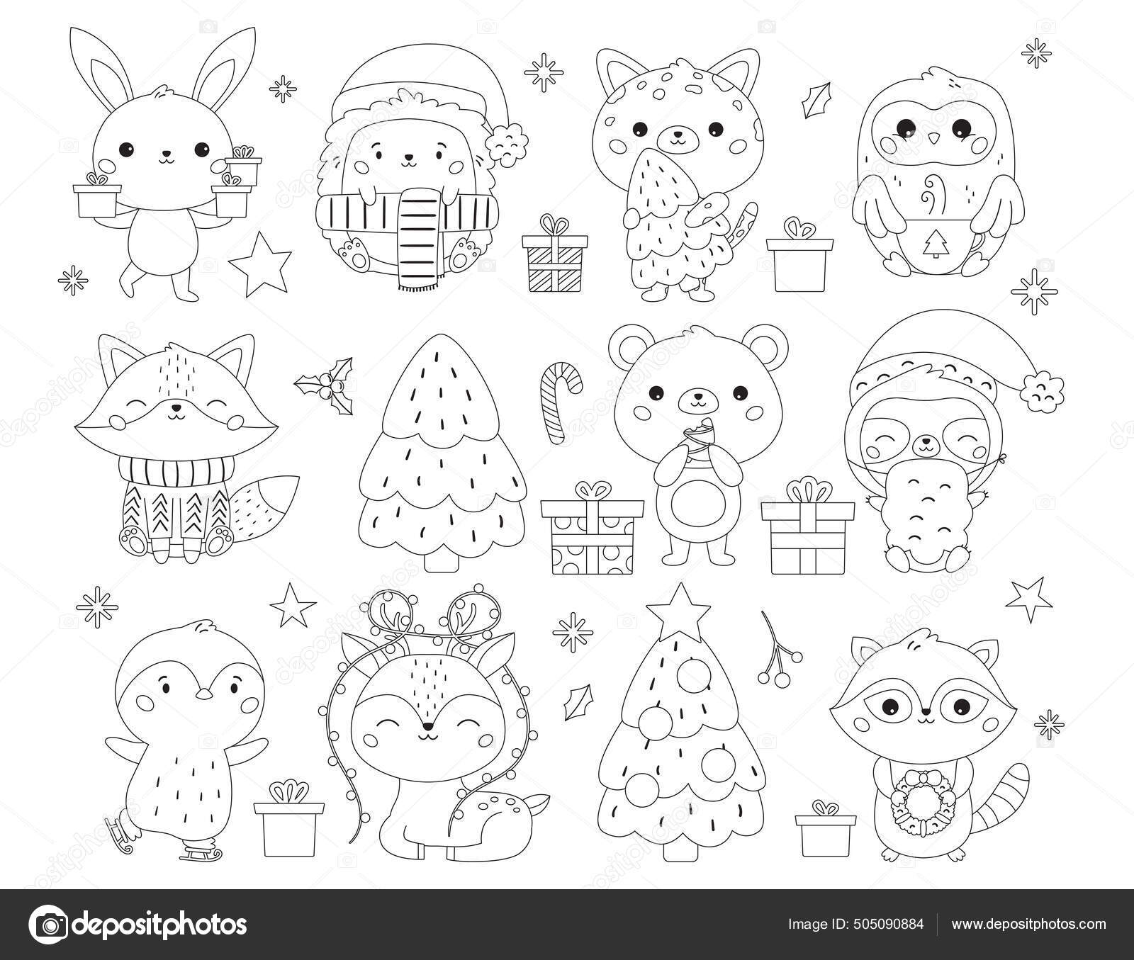 Conjunto de navidad y aão nuevo con animales lindos regalos y dulces pãgina para colorear para niãos personajes de dibujos animados kawaii feliz aão nuevo ilustraciãn vectorial en blanco y negro vector