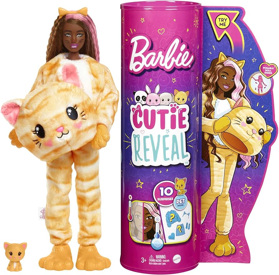 Barbie doll cutie reveal kitty plush costume doll with surprises mini pet color change and accessories everything else