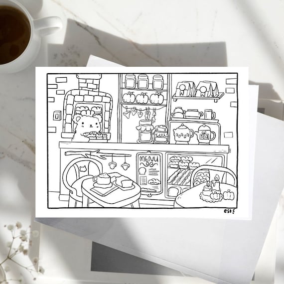 Adult coloring page cozy bear cafe
