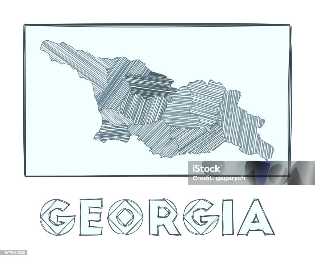 Sketch map of georgia grayscale hand drawn map of the country filled regions with hachure stripes vector illustration stock illustration