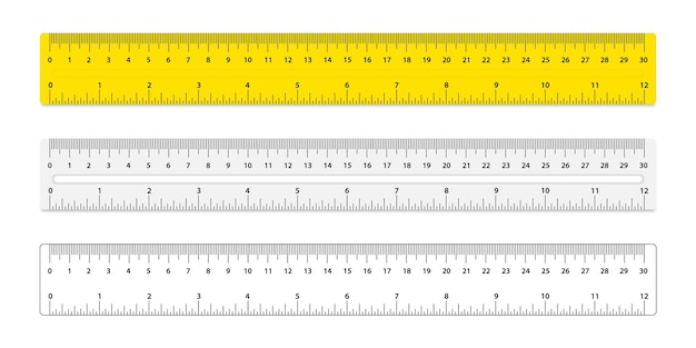 Premium vector set of three rulers rulers with inches and centimeters double side measurement measuring scale mockup for rulers centimeters metric vector ruler school equipment measure tape ruler