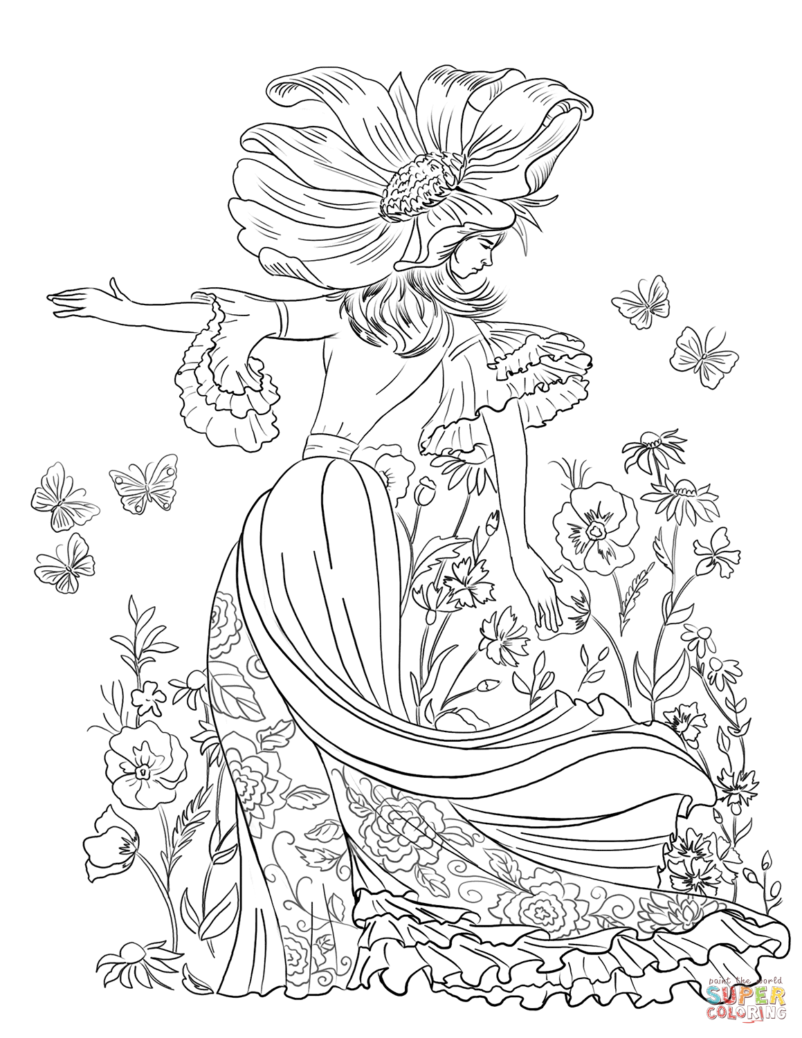Queen of flowers or woman chamomile coloring page free printable coloring pages