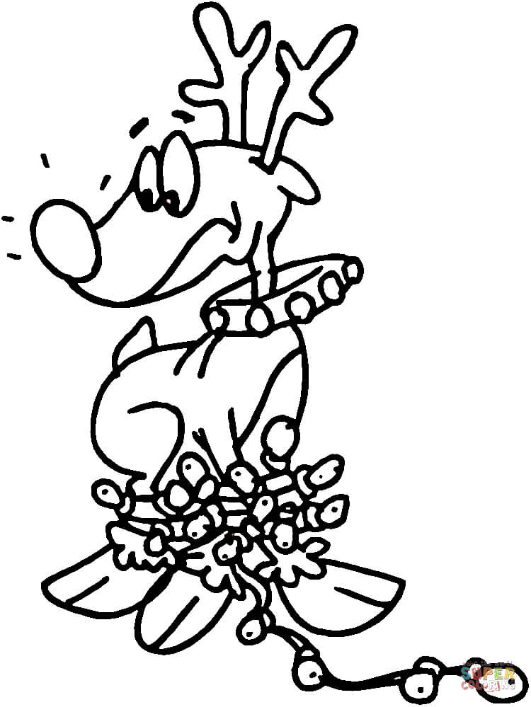 Reindeer tangled in christmas lights coloring page free printable coloring pages