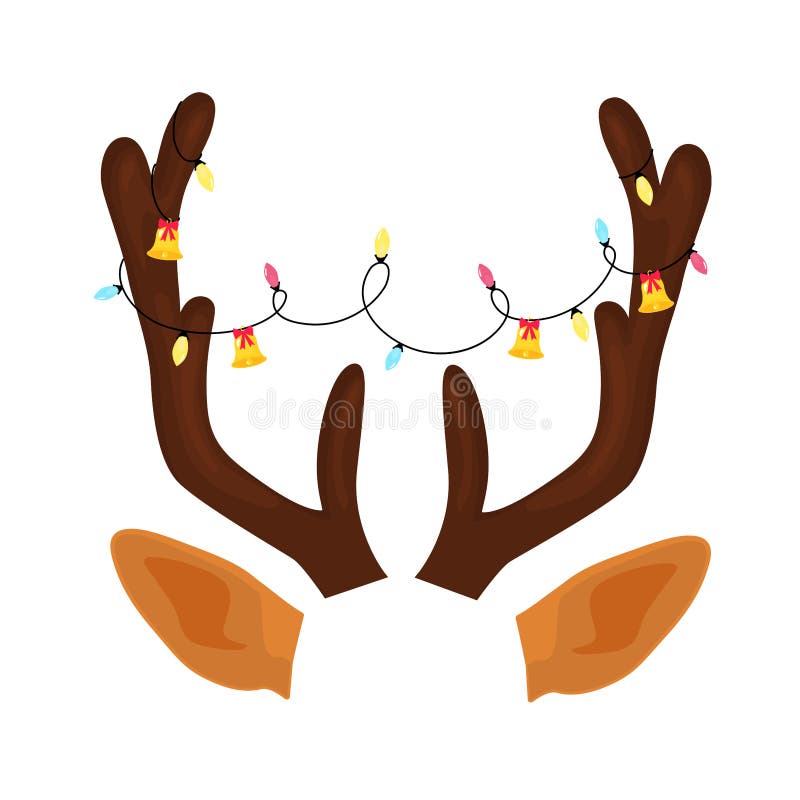 Reindeer antlers with christmas light garland and bells funny selfie photo mask stock illustration