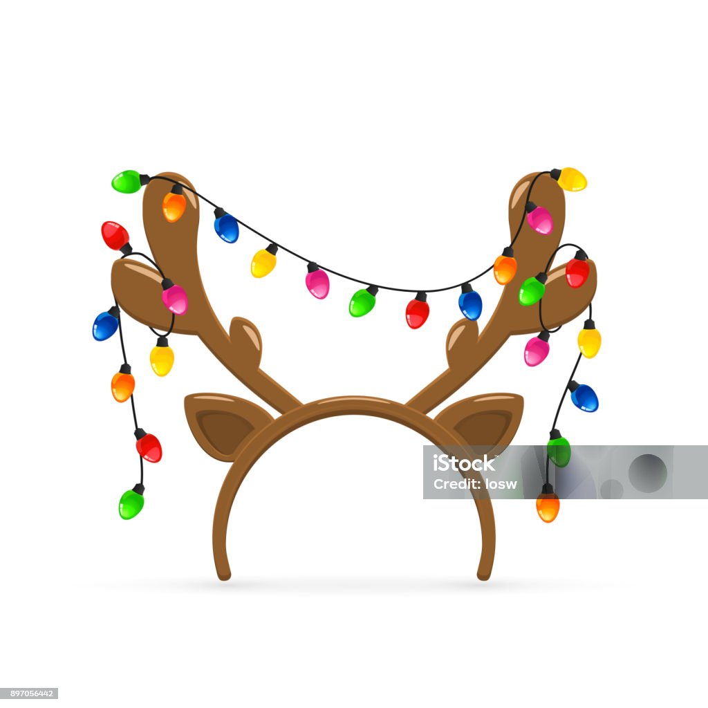 Reindeer antlers with christmas lights on white background stock illustration