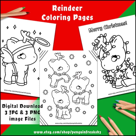 Kawaii cute reindeer christmas holiday coloring pages fun printable animal coloring pages kids activity angel christmas lights winter