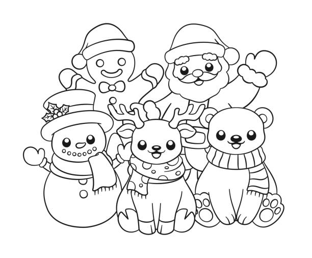 Santa claus gingerbread man snowman reindeer polar bear outline line art doodle cartoon illustration winter christmas theme coloring book page activity for kids and adults stock illustration