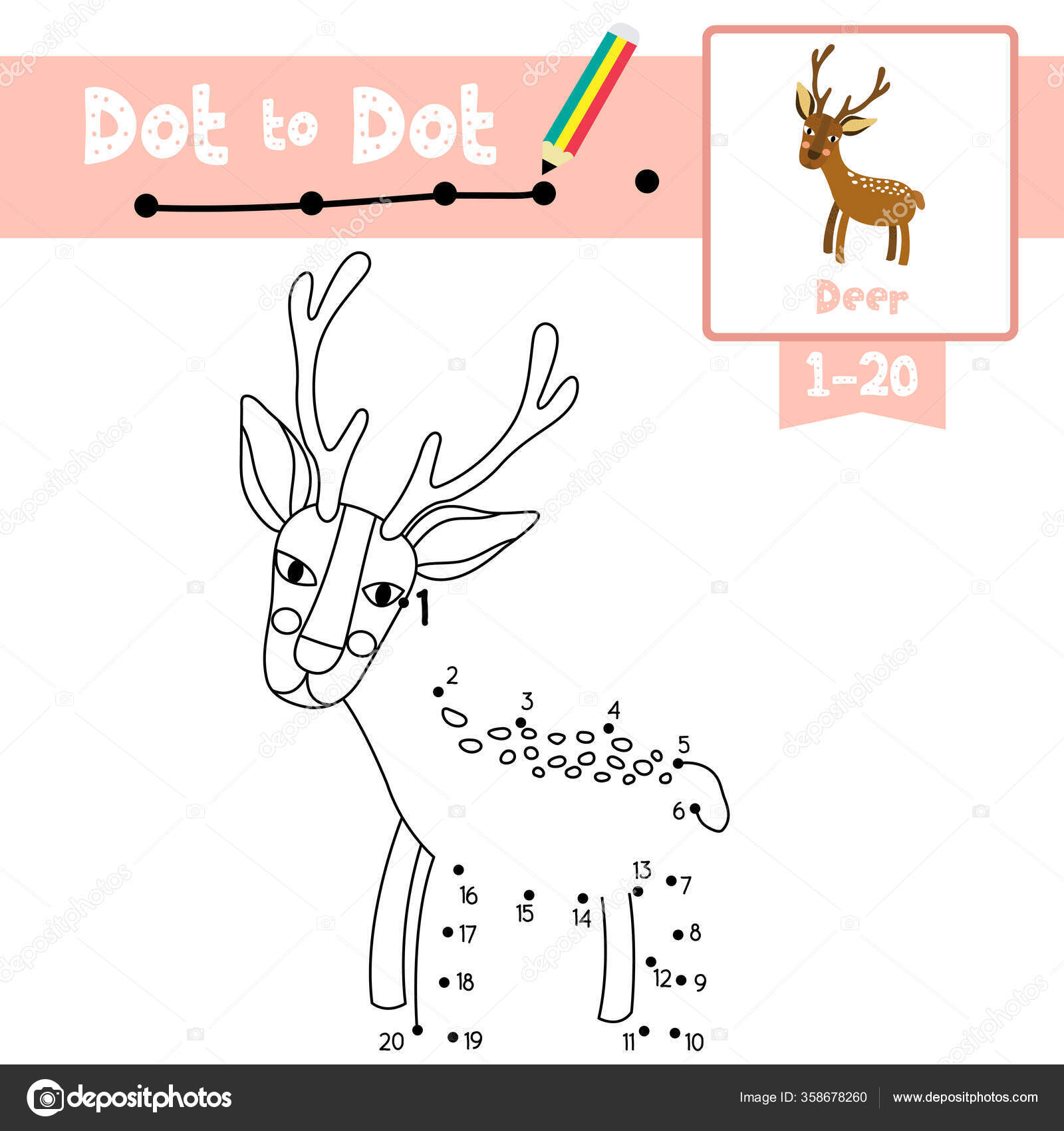 Dot dot educational game coloring book deer animals cartoon character stock vector by natchapohn