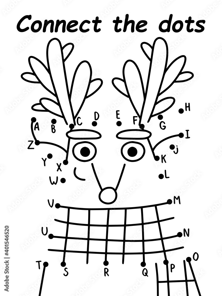 Connect the dots reindeer vector illustration funny cartoon deer with scarf coloring page for kids educational dot
