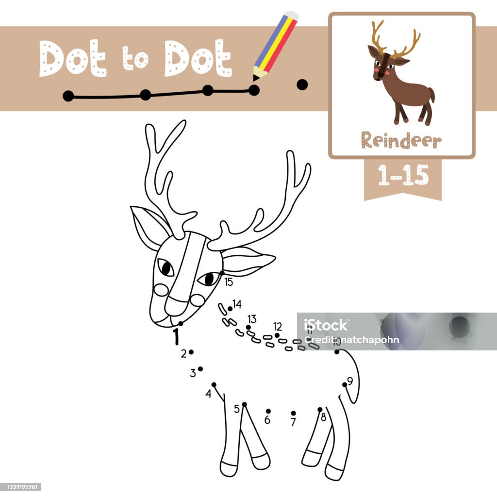 Dot to dot educational game and coloring book standing reindeer animal cartoon character vector illustration stock illustration