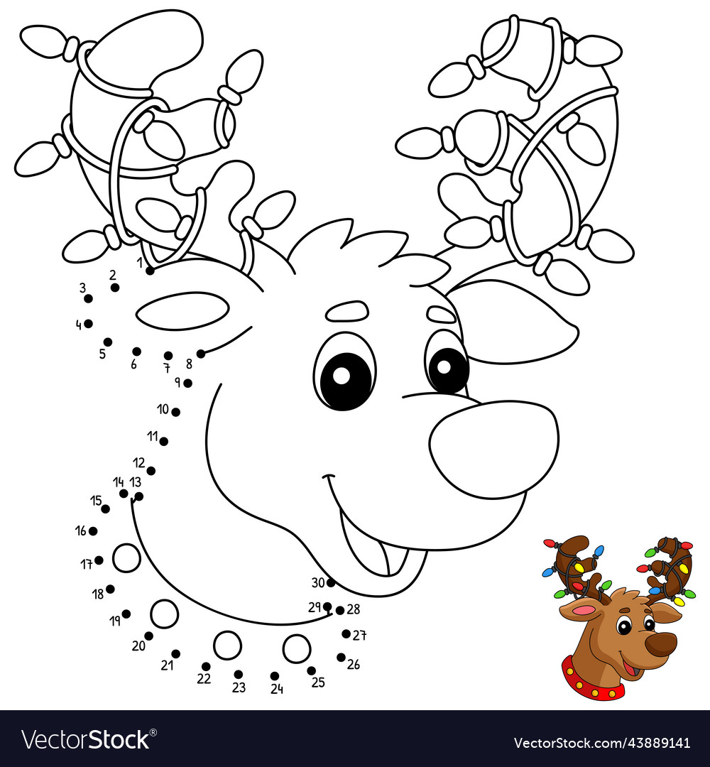 Dot to christmas reindeer head coloring page vector image
