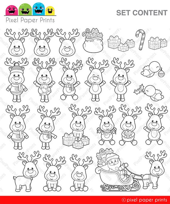 Rudolph reindeer digital stamps christmas clipart line art graphics for coloring pages worksheets crafts more printable png