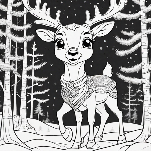Kids coloring book cover of two cute reindeers playing with snow
