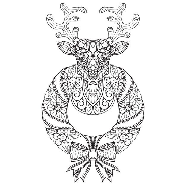 Premium vector reindeer and wreath hand drawn for adult coloring book