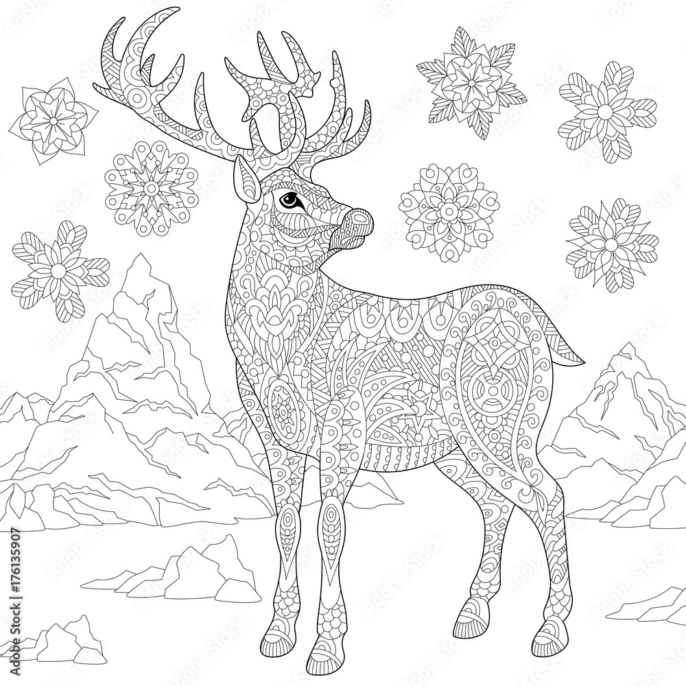 Coloring page of deer reindeer and winter snowflakes freehand sketch drawing for adult antistress coloring book in zentangle style with doodle elements vector