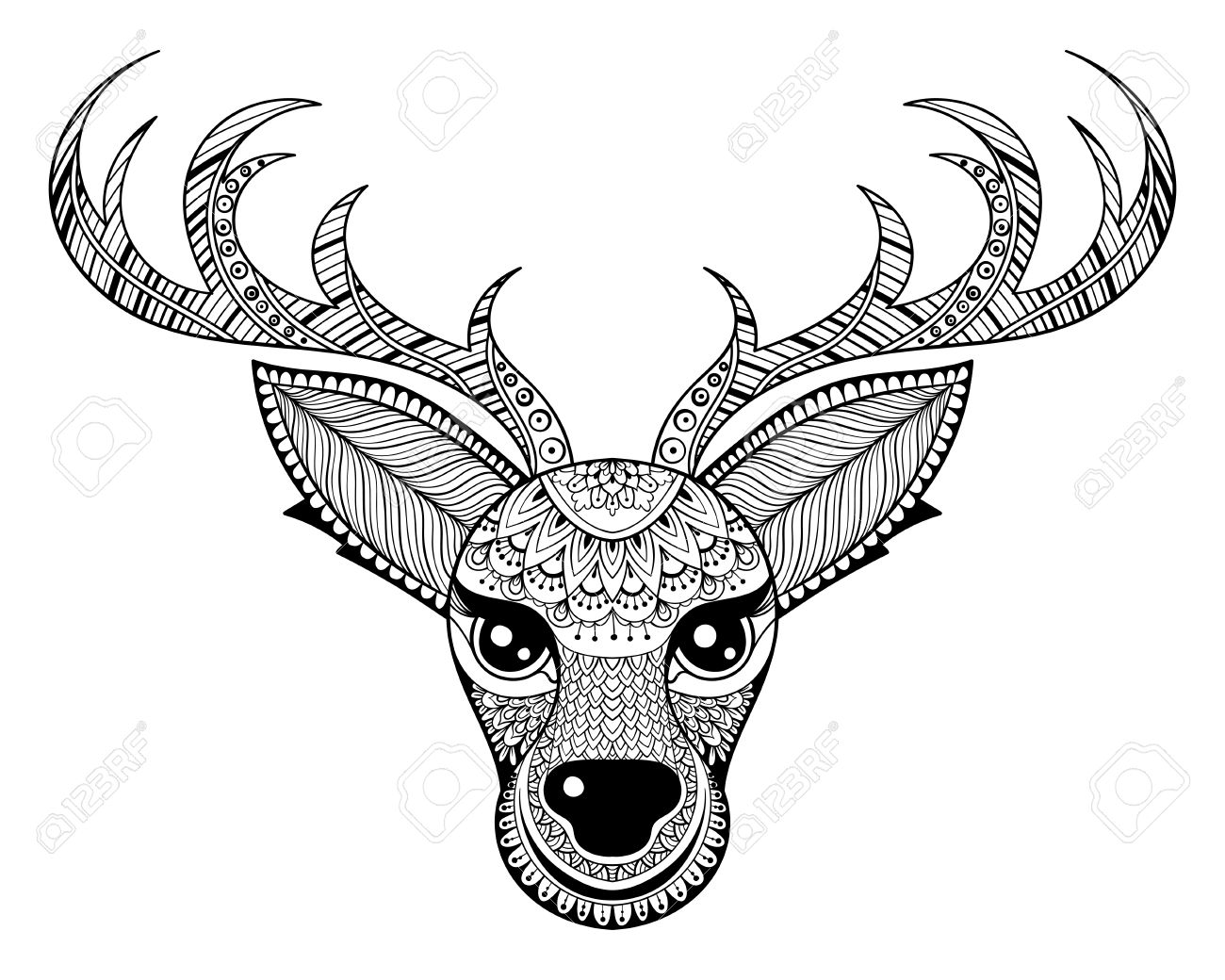 Zentangle vector reindeer for adult anti stress coloring pages ornamental tribal patterned christmas deer head illustration for tattoo poster or print hand drawn monochrome sketch animal collection royalty free svg cliparts vectors