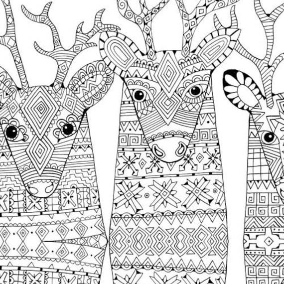 Reindeer christmas printable coloring pages for instant download