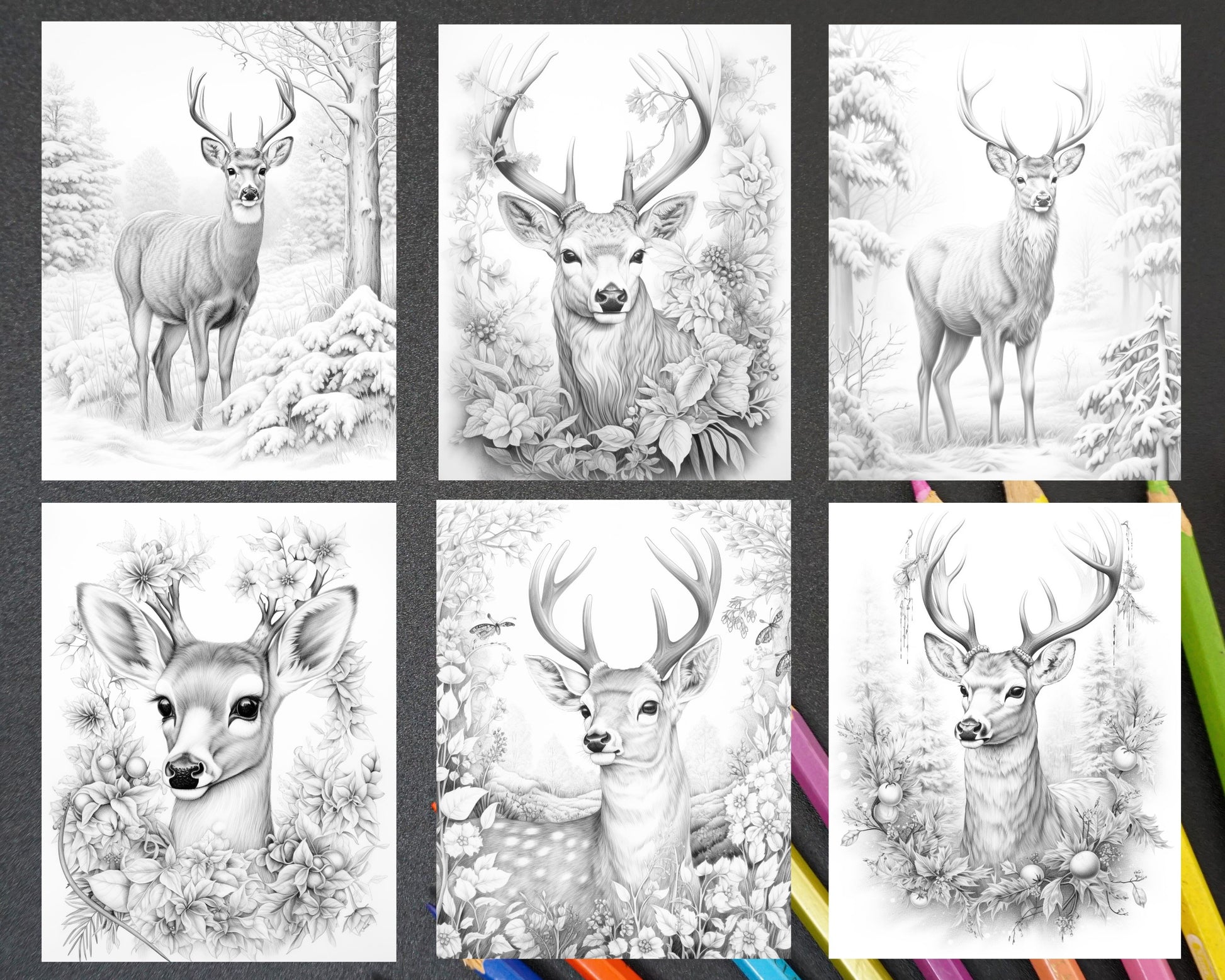Christmas deer grayscale coloring pages for adults printable pdf i â coloring