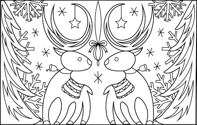 Premium vector christmas coloring book coloring page with reindeer snowflakes and christmas trees